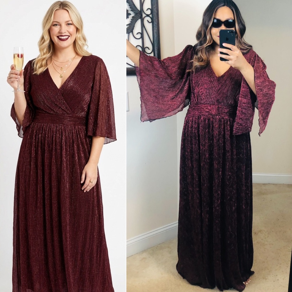 TIARALY Burgundy Shimmery PLUS SIZE 3X Long Bell Witch Evening Cocktail Dress